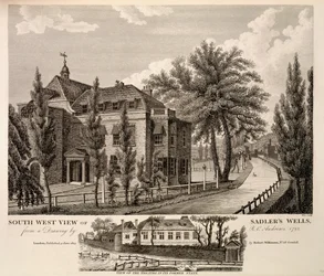 Vista sudoeste dos poços de Sadler em 1792, com vista para o teatro em seu antigo estado, 1814